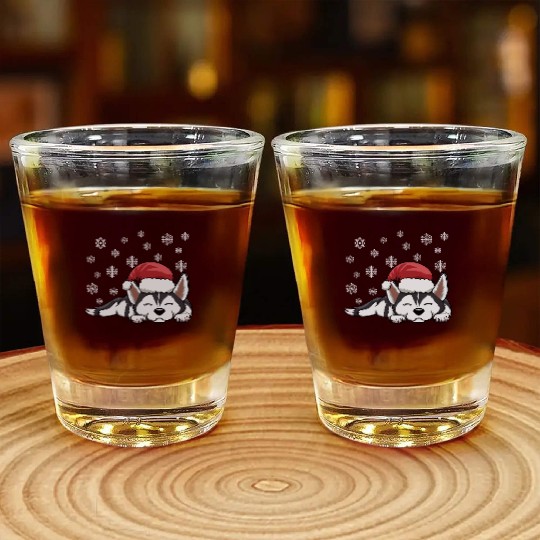 CHRISTMAS SANTA HAT SIBERIAN HUSKY DOG Shot Glasses