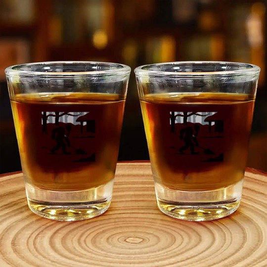 Bigfoot Shoveling Snow Shot Glasses