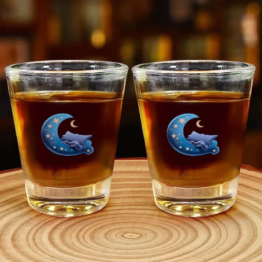 Cartoon Sleep Icon Moon and Bed for Sleep Shot Glasses