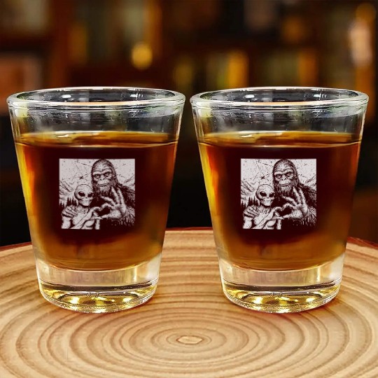 Bigfoot and alien Sasquatch love hand sign Weird S Shot Glasses