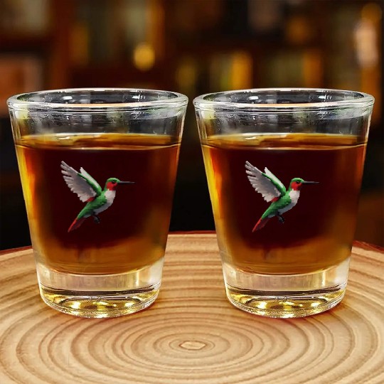Pixelated Red & Green hummingbird Shot Glasses