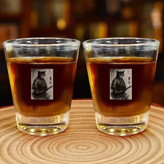 Samurai Cat Warrior Vintage Japanese Art Design Shot Glasses