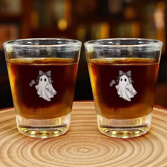 Ghost Boo Checkered Bow Race Day Racing Flag Racer Shot Glasses