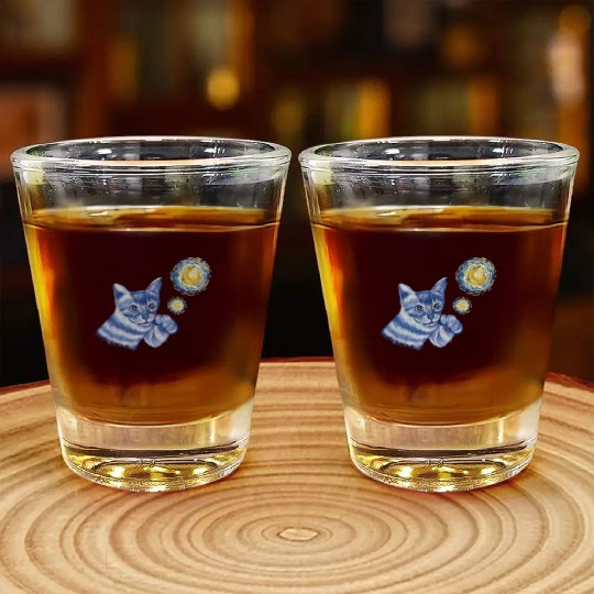 Blue Starry Night British Shorthair Cat Graphic Shot Glasses
