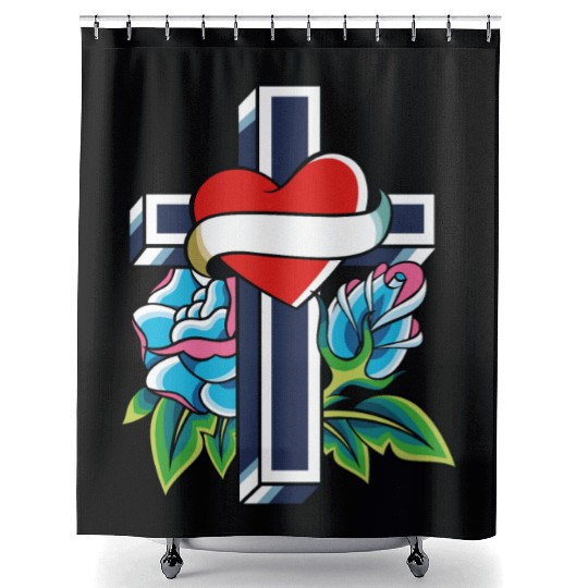 Cross with heart and roses tattoo Shower Curtains