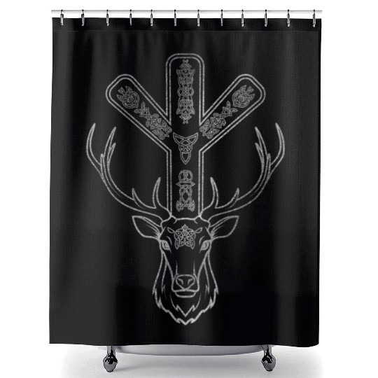 Algiz Rune and Deer in Silver Shower Curtains