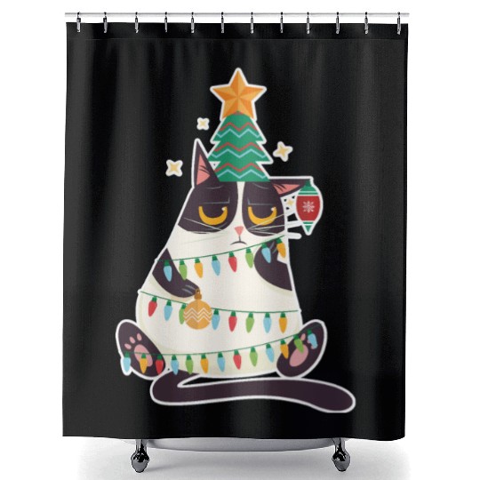 Christmas Tree Cat Shower Curtains Christmas Xmas Holiday