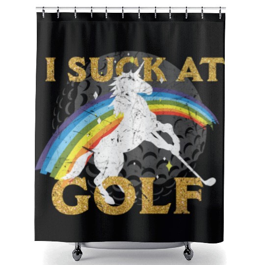 I suck at golf with rainbow and unicorn. Shower Curtains
