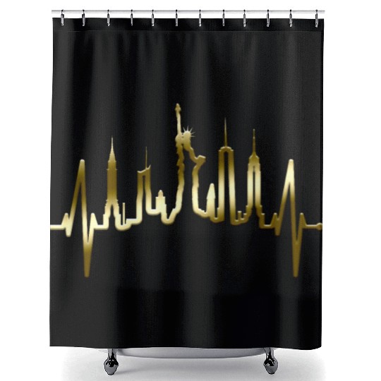 New York City Heartbeat Manhattan Skyline USA Gold Shower Curtains