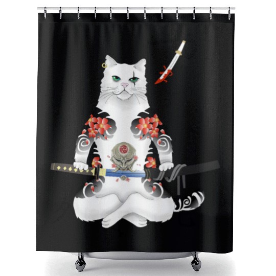 Japanese Samurai Cat Katana Ninja Yakuza Tattoo Shower Curtains