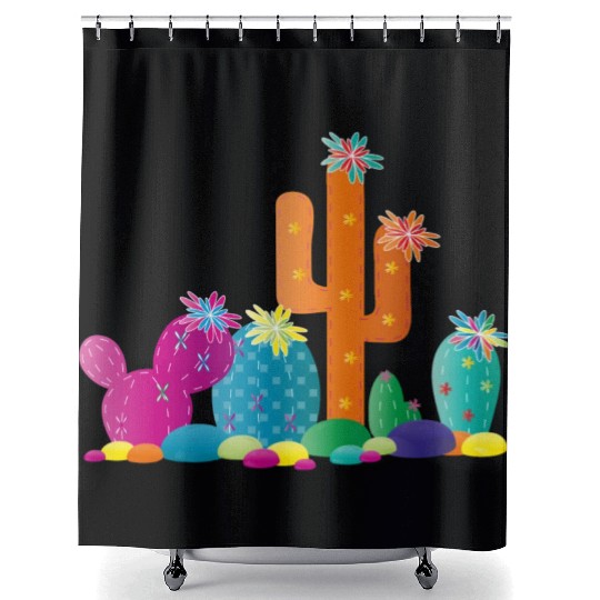 bright cactus rock garden with cactus flowers Shower Curtains
