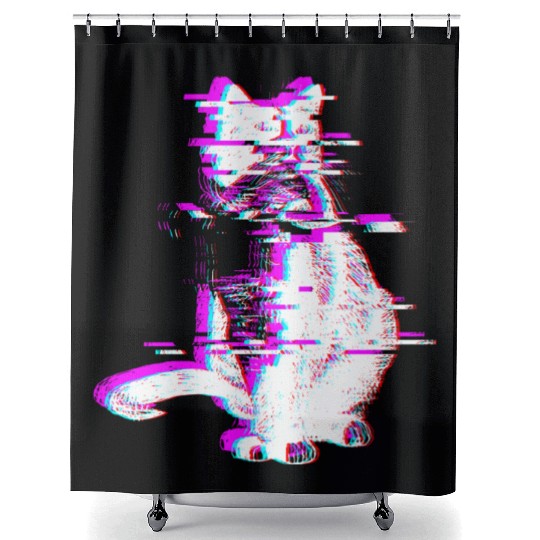 Vaporwave Synthwave Glitch Cat Feline Kitty Shower Curtains