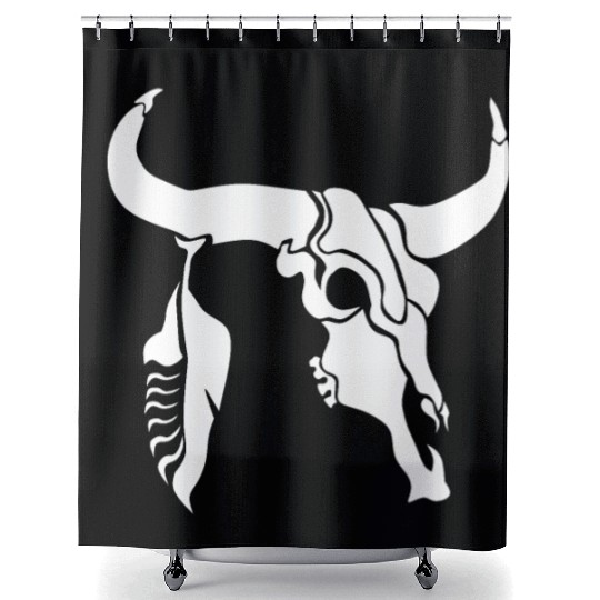 Tribal White Longhorn Bull Skull w White Feather Shower Curtains