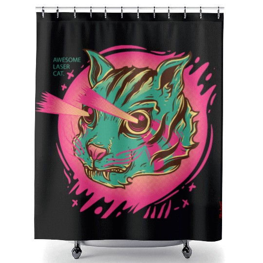 Laser Cat in Synthwave Look Shower Curtains