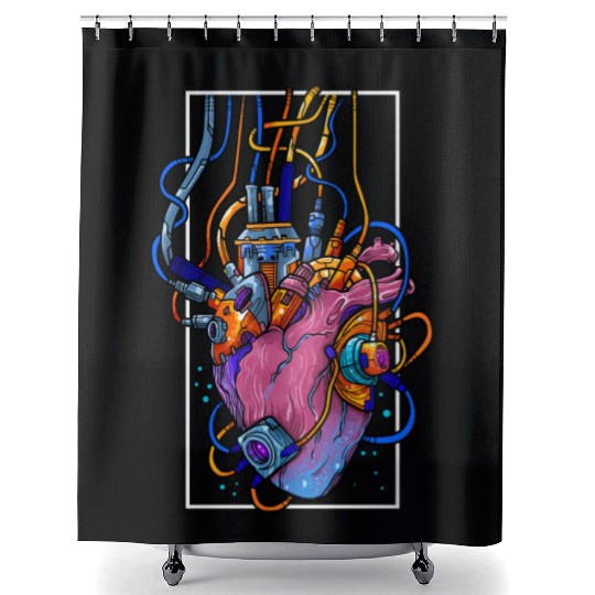 Cyborg Robot Heart Vaporwave Futuristic Cyberpunk Shower Curtains