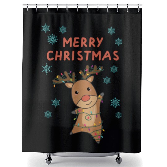 Merry Christmas Rudolph Red Nose Reindeer Snow Shower Curtains