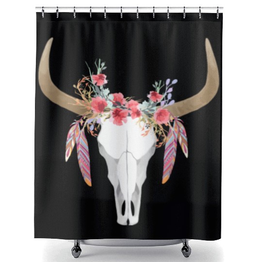 Floral Cow Skull With Feathers Bull Skull Shower Curtains