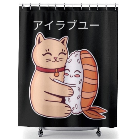 I Love You Kawaii Type Anime Cat With Sushi Shower Curtains