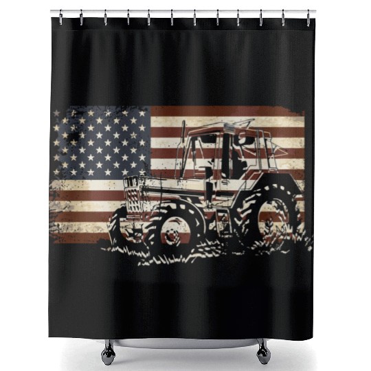 Farm Tractor Usa Flag Patriotic Vintage Farmer Far Shower Curtains