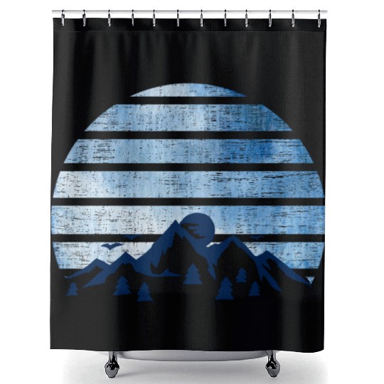 blue Retro Vintage With abstract mountain Shower Curtains