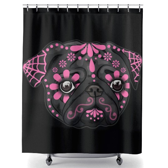 Black Pug Dogs Day of the Dead Sugar Skull Dog Shower Curtains