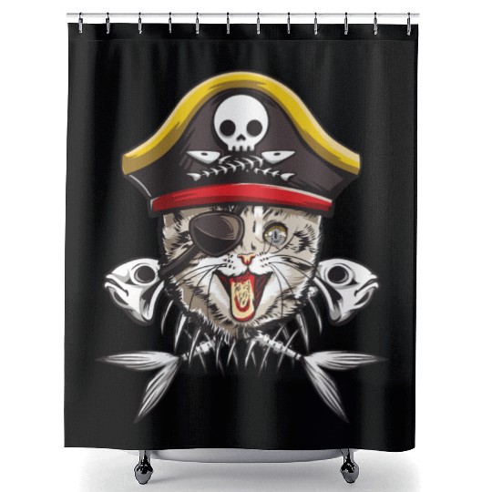 Cat Pirate Jolly Roger Flag Skull Crossbones Capta Shower Curtains