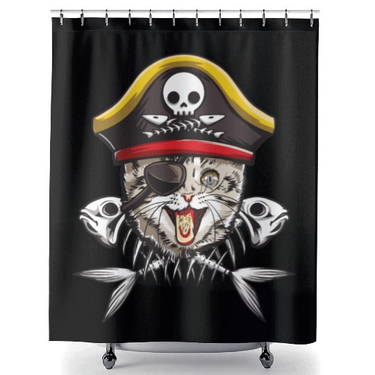 Cat Pirate Jolly Roger Flag Skull Crossbones Capta Shower Curtains