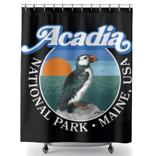 Retro Acadia National Park Vintage Maine Puffin Shower Curtains