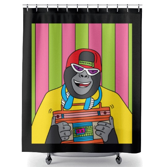 Retro Gorilla Monkey With Radio Music Shower Curtains