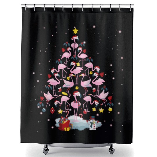 Flamingo Christmas Tree Funny Flamingo Lover Xmas Shower Curtains