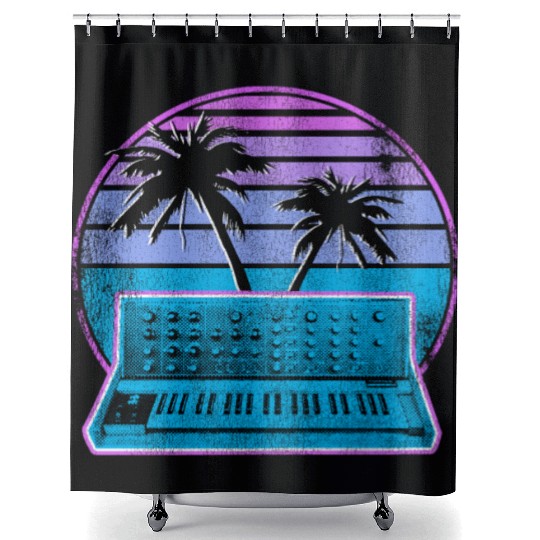 Analog Synthesizer Synthwave Vintage Retrowave Shower Curtains