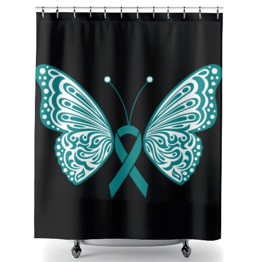 Ovarian Cancer Awareness Teal Ribbon Butterfly Shower Curtains