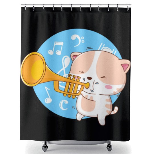 Cute cat loves to play trumpet Shower Curtains