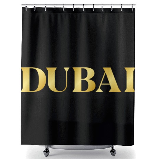 Modern Gold Glam Dubai City Typography Shower Curtains