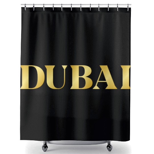 Modern Gold Glam Dubai City Typography Shower Curtains
