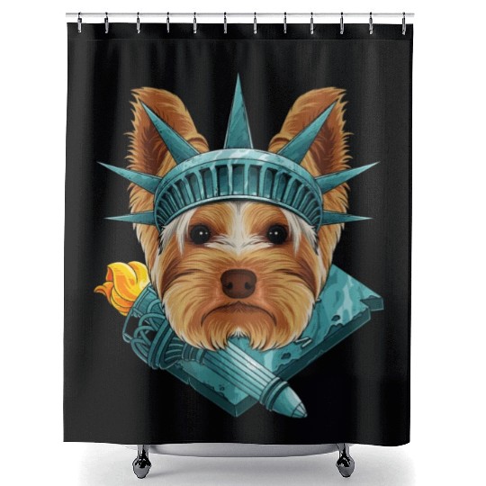 Statue Of Liberty Yorkshire Terrier 4th Of July US Shower Curtains