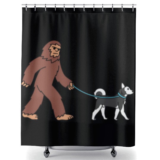 Bigfoot Sasquatch Walking Husky Shower Curtains