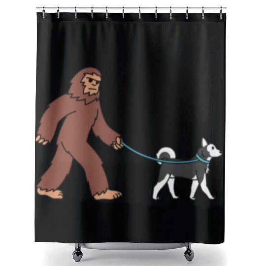 Bigfoot Sasquatch Walking Husky Shower Curtains