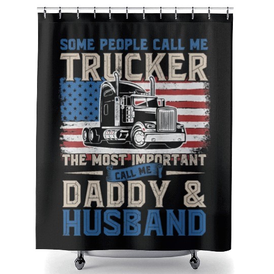 Truck Driver Trucker Daddy Husband US Flag Shower Curtains