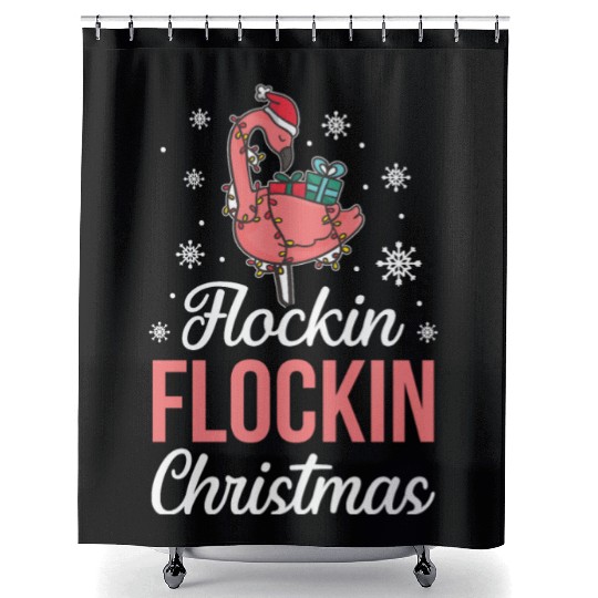 Christmas Pink Flamingo Flockin Xmas Holiday Gift Shower Curtains