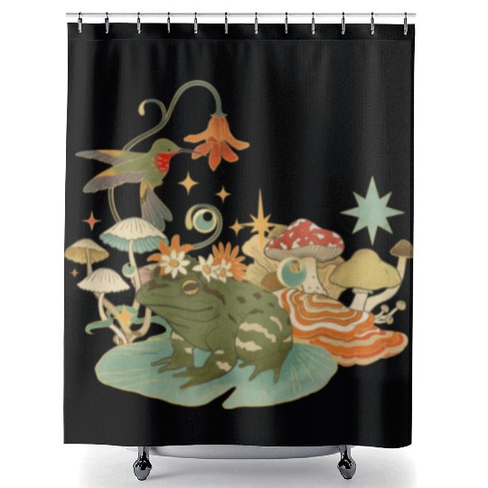 Cottagecore with frog, mushrooms and hummingbird Shower Curtains