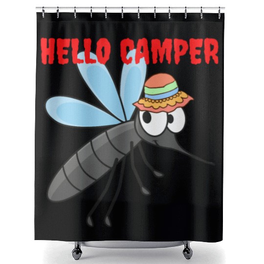 Hello camper | Cute mosquito with a colorful hat Shower Curtains