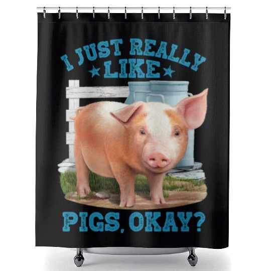 Cute Young Pig Farm Motive Shower Curtains