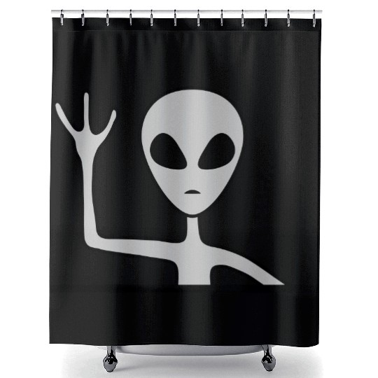 Gray male alien waving Shower Curtains