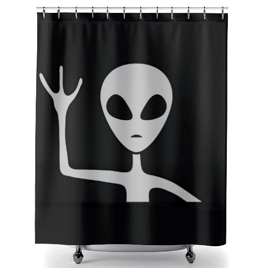 Gray male alien waving Shower Curtains