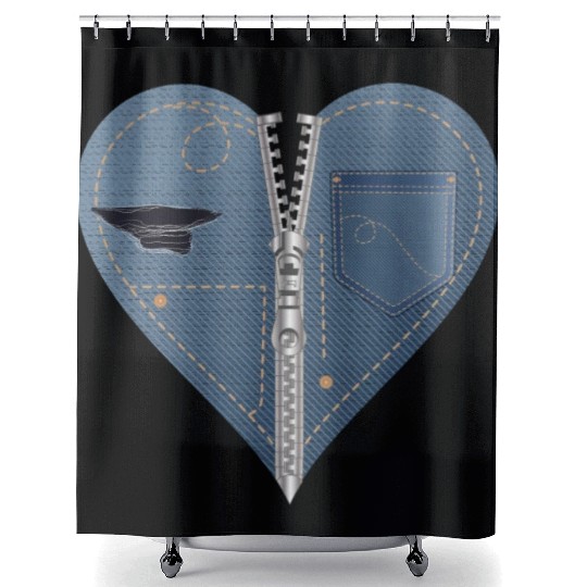 light blue heart in jeans look with zipper Shower Curtains