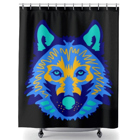 blue wolf face Shower Curtains