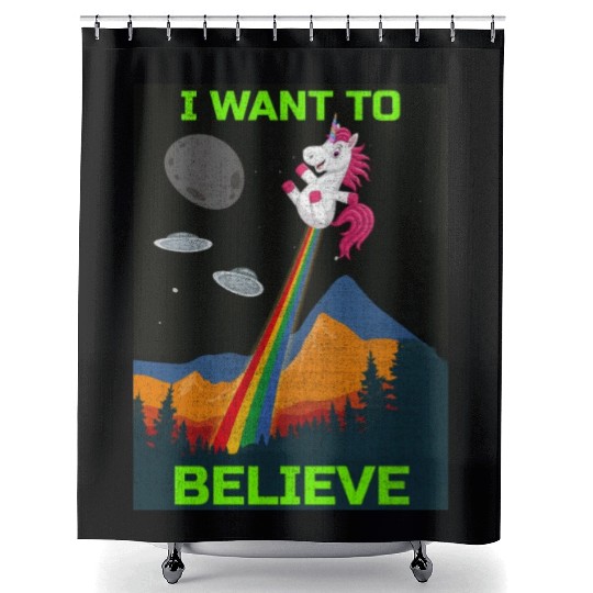 Unicorn "I Want To Believe" UAP Outfit Alien Ufo Shower Curtains