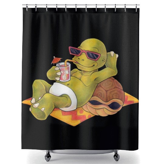 Summer turtle naked on the beach with cocktail Shower Curtains