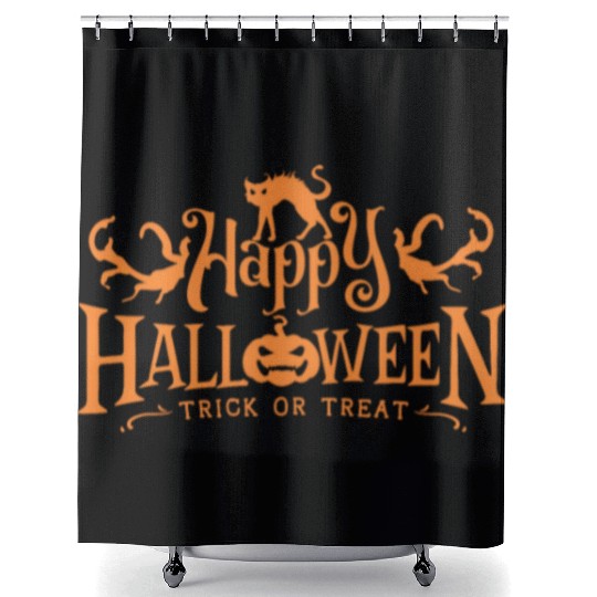 Happy Halloween Trick Or Treat Pumpkin Scary Cat Shower Curtains